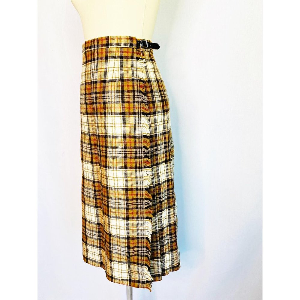 Vintage Plaid Midi Skirt in Mustard, Brown & Cream - Vintage